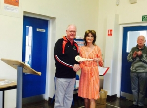 LOUGHGIEL GAC CHAIRMAN JOHN CAMPBELL WITH MRS HANNA PRINCIPAL OF ST PATRICKS PS